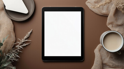 touch screen blank tablet screen  isolated on  brown background with cup of coffee next to it 