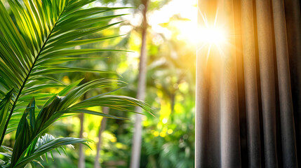 Poster - Tropical sunrise view through curtain