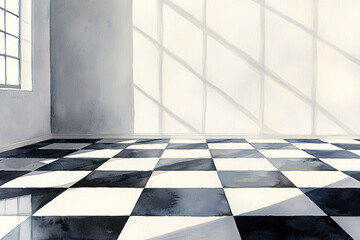 Wall Mural - Sunlight streams onto a checkered floor in an empty room, creating shadows on the white walls.