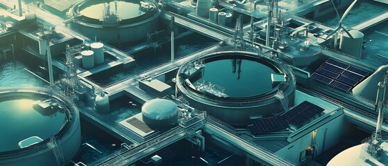 Poster - Aerial view of a modern industrial facility featuring large tanks and pipelines, showcasing advanced technology and processes that contribute to efficient operations.