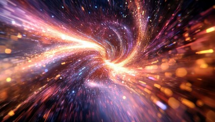 Poster - Cosmic journey through colorful swirling space with bright energy rays and glowing particles creating a mesmerizing view of the universe in motion