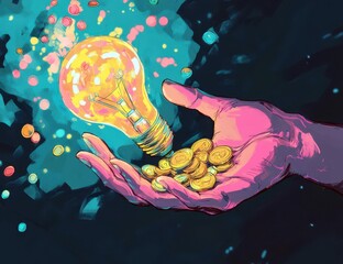 Poster - Creative light bulb illustration with glowing energy symbolizing innovation, growth, and wealth in a hand with coins against a vibrant abstract background