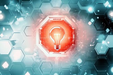 Poster - Bright Innovative Light Bulb Surrounded by Futuristic Technology and Abstract Geometric Patterns for Inspiration and Creativity Themes