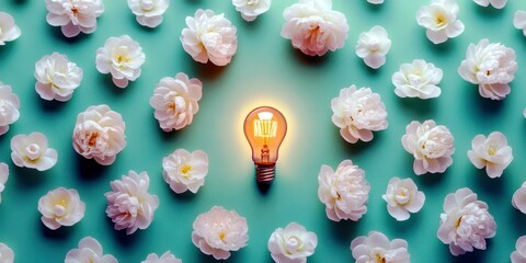 Poster - Light Bulb Surrounded by Delicate White Flowers on a Soft Green Background, Symbolizing Ideas, Creativity, and Inspiration in Nature's Beauty