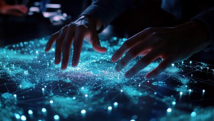 Poster - Hands Manipulating a Digital Interface with Bright Nodes and Connections in a High-Tech Environment for Innovative Technology Concepts
