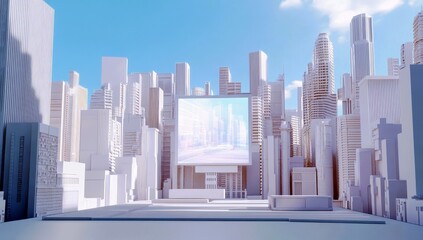 Poster - Futuristic Cityscape with Tall Buildings and Large Display Screen in Bright Sky