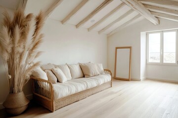Poster - Cozy and Minimalist Interior Design Featuring Natural Elements, Soft Textiles, and Elegant Decor in a Bright and Airy Living Room Space