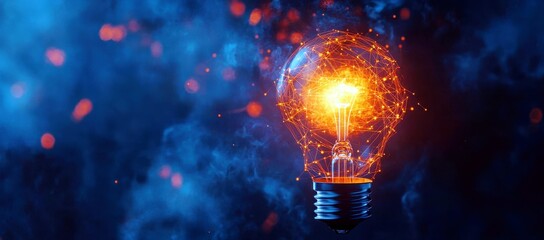  - A Glowing Light Bulb Surrounded by Abstract Digital Particles and Dark Smoke in a Mysterious Blue Environment