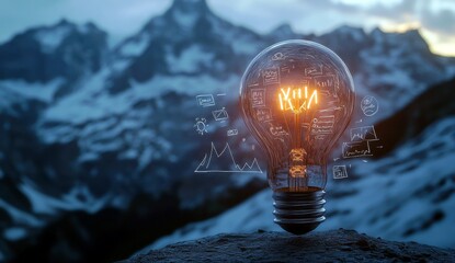 Poster - Illuminated Light Bulb with Creative Ideas Against Nature Background in Mountain Landscape at Dusk for Innovation and Inspiration Themes