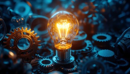 Poster - Illuminated Light Bulb Among Shiny Gears Symbolizing Innovation, Creativity, and Technology in a Modern Mechanical Environment