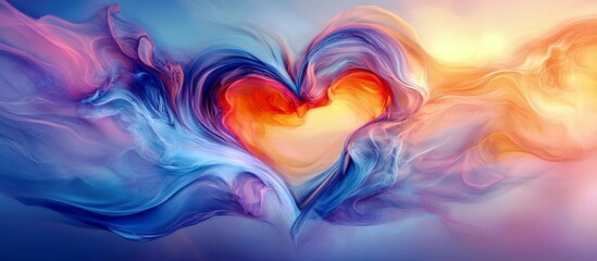 Poster - Vibrant Abstract Heart Shape With Colorful Swirls and Flowing Energy in Warm Tones of Orange, Blue and Pink Indicating Love and Passion