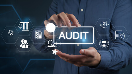 Poster - Streamlining Business Compliance: Audit Process & Management. A professional explains key compliance concepts with supporting icons showcasing        