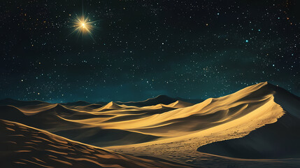 A solo star shines brightly in the dark night sky above a vast, windswept dune landscape with rolling. Windswept Desolation. Illustration