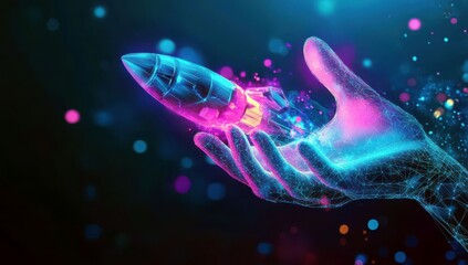 Poster - Futuristic Hand Holding Beautifully Designed Rocket Illustration with Digital Effects and Colorful Light Elements for Creative Technology Concepts