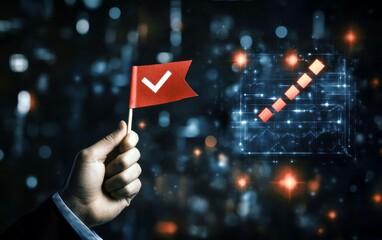 Poster - Hand Holding Red Flag with Checkmark Symbol Against Dark Background with Abstract Data Chart and Growth Indicators