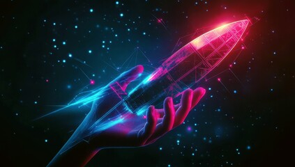 Poster - Futuristic Hand Holding Neon Rocket in Dark Space with Colorful Stars and Digital Effects