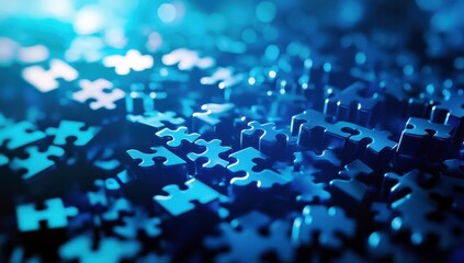 Poster - A Close-Up View of Abstract Blue Puzzle Pieces Reflecting Light in a Mysterious Depth, Symbolizing Complexity and Interconnectedness in Digital Art