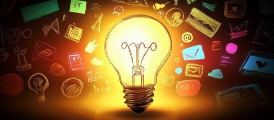 Poster - Bright Light Bulb Surrounded by Colorful Icons Representing Ideas, Creativity, and Innovation in a Modern Digital Environment
