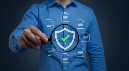Aufkleber - Assured Automation: Businessmen Inspecting Quality Control Certification with Magnifying Glass. Guarantee, Standardization, Quality Management,       