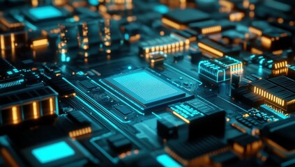 Poster - Close-Up View of a Futuristic Microchip Circuit Board with Blue and Orange Lights in a High-Tech Environment