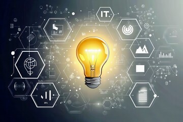 Poster - Bright Light Bulb Representing Innovative Ideas in Technology Surrounded by Data Visualization Elements and IT Symbols for Business Solutions and Creativity