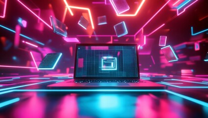 Poster - Futuristic Laptop Surrounded by Neon Geometric Shapes and Digital Data Streams in a High-Tech Virtual Environment