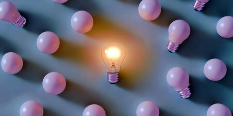 Poster - Creative concept of bright idea represented by glowing light bulb surrounded by pink spheres on a textured surface in soft lighting
