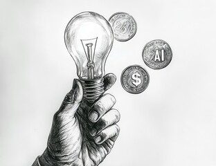 Poster - Conceptual Illustration of a Hand Holding a Light Bulb with Currency Coins Symbolizing Ideas and Innovation in Technology and Finance