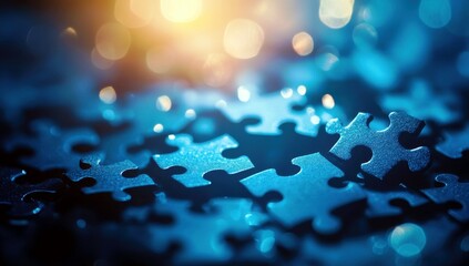 Poster - Close-Up View of Interlocking Puzzle Pieces on a Blurry Background with Soft Glowing Light Effects in a Blue Color Palette