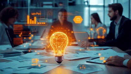 Poster - Innovative business meeting with digital light bulb symbolizing ideas and creativity in modern office setting with data visualization and collaboration