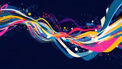 Poster - Vibrant Abstract Waves of Color with Dynamic Lines and Shapes Over a Dark Background, Representing Energy and Creativity