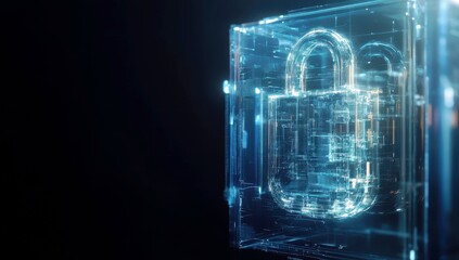 Poster - Futuristic digital padlock surrounded by glowing data streams representing cybersecurity, protection, and information security in a technological landscape