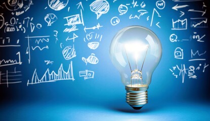 Poster - Bright Light Bulb Illuminating Ideas with Abstract Graphs and Charts on Blue Background for Creativity and Innovation Concepts