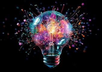 Poster - Vibrant Abstract Light Bulb with Colorful Energy Sparks and Creative Ideas Represented in a Dark Background