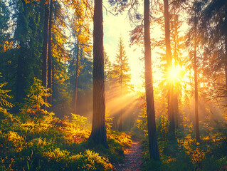 Poster - Autumn sunrise forest path, misty woods