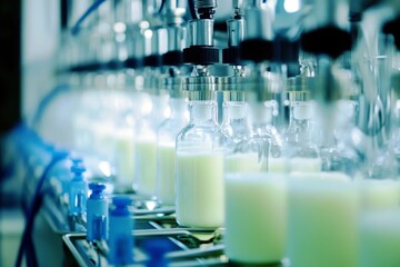 Poster - Close-Up of Bottles Filled with Liquid Inside a Modern Laboratory Setting, Showcasing Advanced Manufacturing Techniques and Clean Environment
