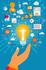 Poster - Creative illustration of hand holding glowing light bulb surrounded by digital icons representing business technology, data analytics, and innovative ideas