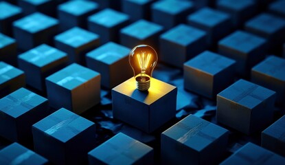 Poster - Illuminated Light Bulb on Blue Boxes Creating a Unique Contrast in a Creative Concept About Innovation and Ideas in a Business Environment