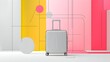 © kim jji - A minimalist line art illustration featuring a travel suitcase as the focal point, surrounded by abstract geometric shapes.