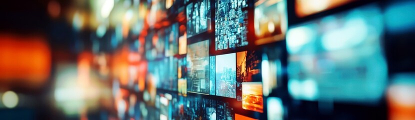 Poster - Vibrant Digital Collage of Colorful Multimedia Images on Abstract Background Representing Modern Technology and Multimedia Communication