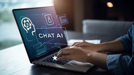 Poster - Man Interacting with AI Chatbot: Futuristic Technology, Virtual Assistant, Intelligent Artificial Intelligence, Command Prompt, Generate, Help, Work, 