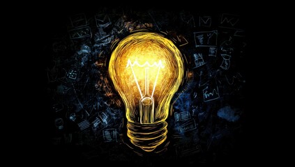 Poster - Bright Idea Concept with Glowing Light Bulb on a Dark Background Representing Creativity, Innovation, Inspiration, and New Possibilities