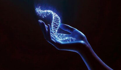 Poster - Hand Holding Glowing DNA Helix Model Representing Genetics, Biology, and Scientific Advances in Research and Biotechnology Innovations