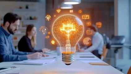 Poster - Creative brainstorming session with light bulb and digital icons representing innovation, ideas, technology, and teamwork in a modern workspace environment