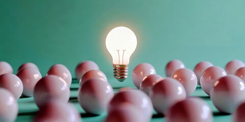 Poster - Unique Light Bulb Above Group of Smooth White Balls on Green Background, Symbolizing Innovation, Creativity, and New Ideas in a Minimalist Setting
