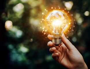 Poster - Hand Holding a Light Bulb with Glowing Light Representing Ideas and Creativity in Nature Background with Bokeh Effect
