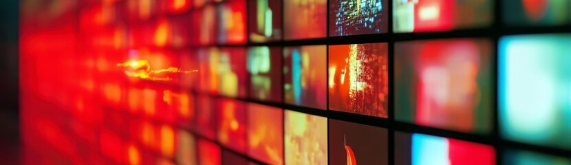 Poster - Vibrant Abstract Wall of Colorful Digital Screens Illuminating Modern Urban Environment with Artistic Light Emphasis and Dynamic Visual Appeal