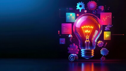 Poster - Creative light bulb illustration with technology elements, data graphics, and colorful design for innovation and inspiration themes in digital media