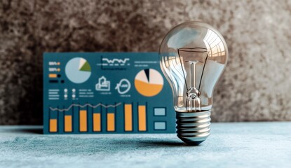 Poster - Creative light bulb symbolizing ideas and innovation in front of business statistics and graphs showcasing growth and data analysis for strategic planning