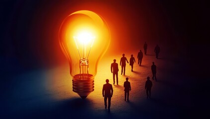 Poster - Conceptual image of people surrounding a glowing light bulb symbolizing creativity, innovation, and the power of ideas in a dark atmosphere.